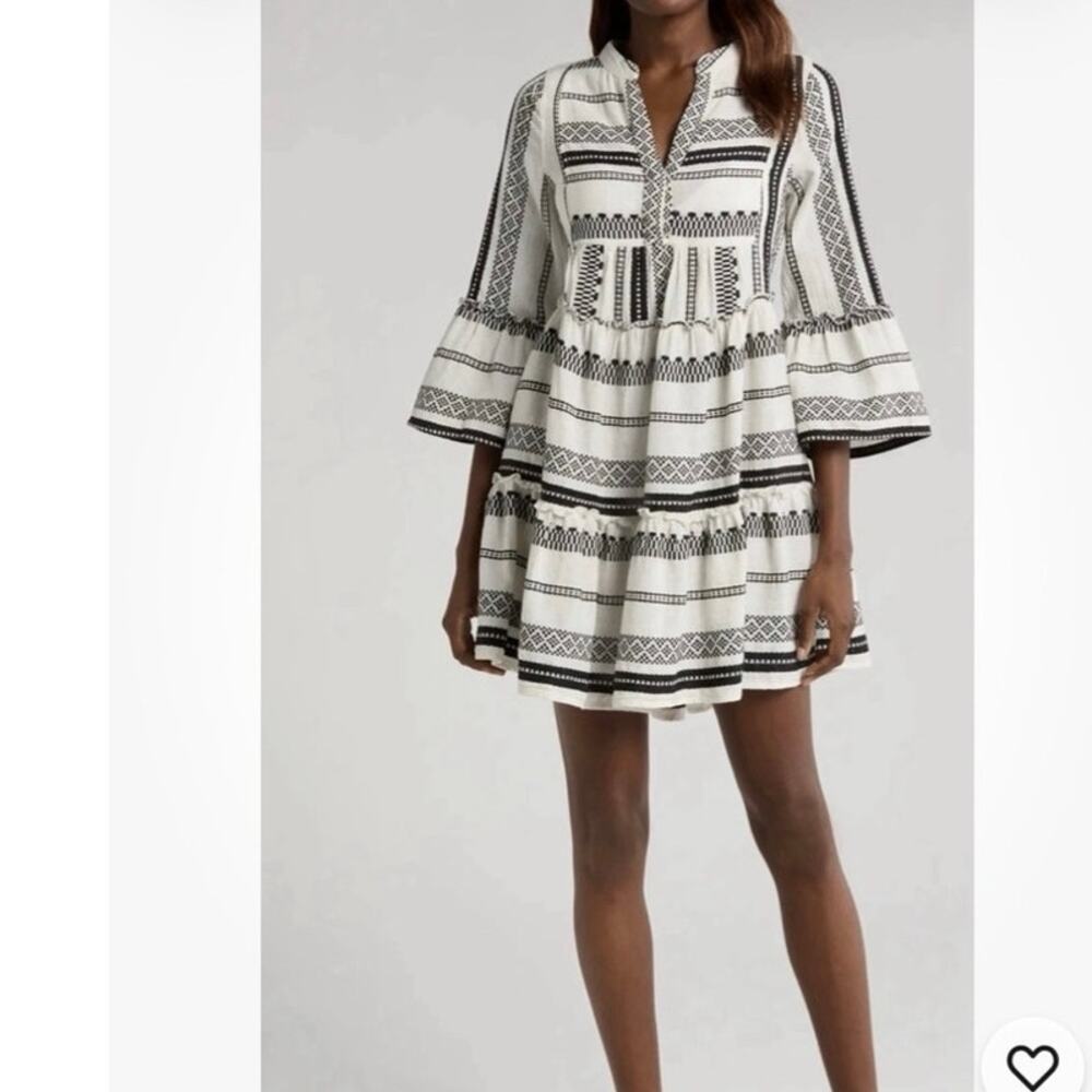 Elan Womens Black White Striped Tiered Mini Dress Bell Sleeve Size Large